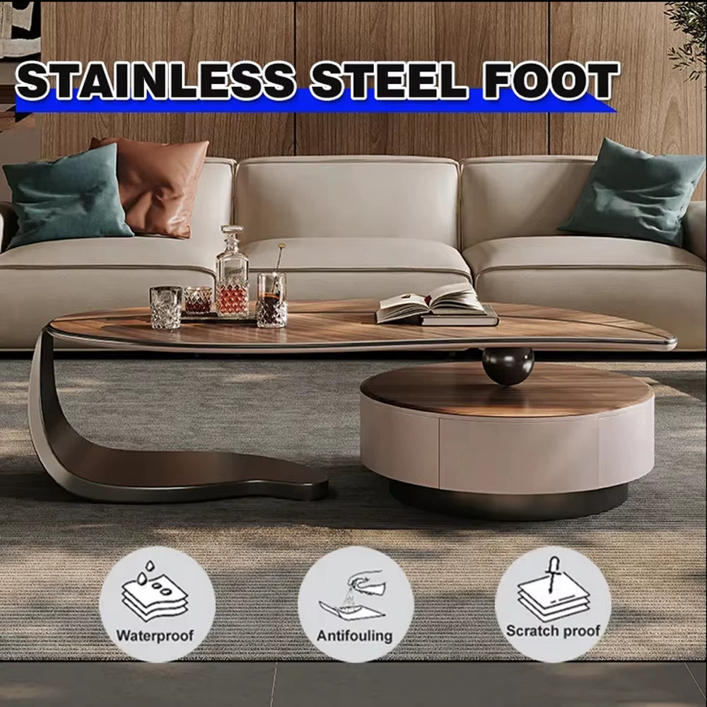 Luxury Modern Walnut Color Coffee Table Combination Minimalist Living Room Leaf Shape Stainless Steel Feet Coffee Table