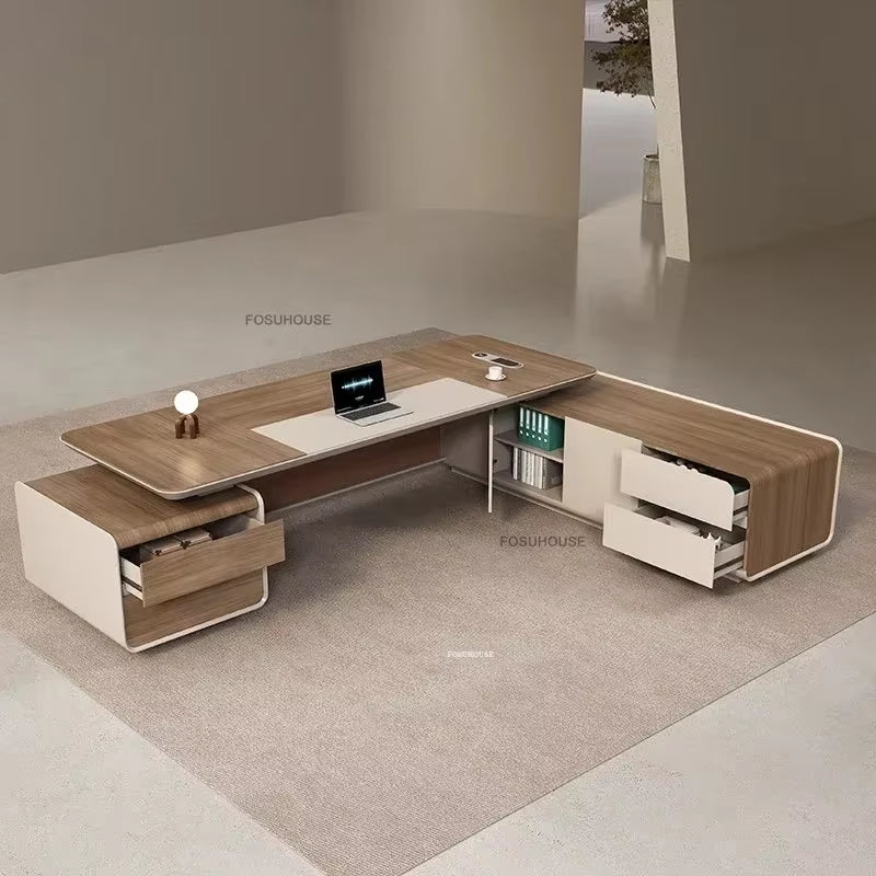 Light Luxury Wooden Office Desks European Office Furniture Commercial Boss Computer Desks President Table with Storage Cabinet L