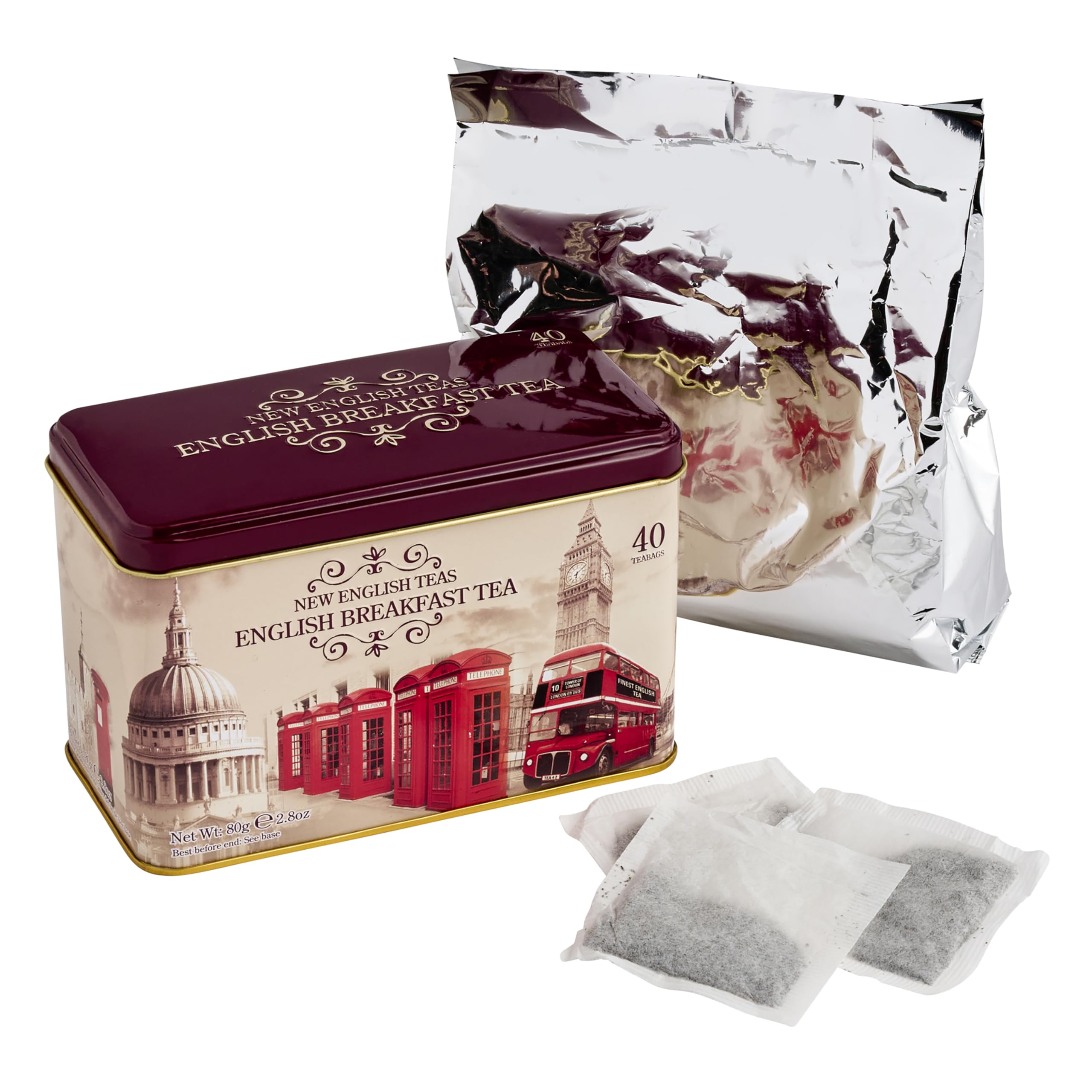 New English Teas Vintage London Tea Tin with 40 English Breakfast teabags