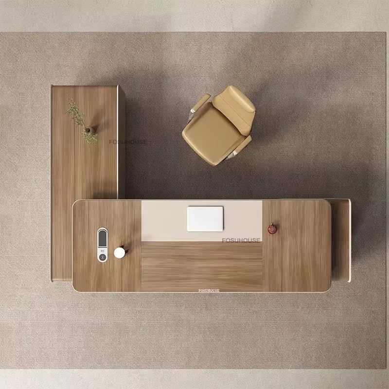 Light Luxury Wooden Office Desks European Office Furniture Commercial Boss Computer Desks President Table with Storage Cabinet L