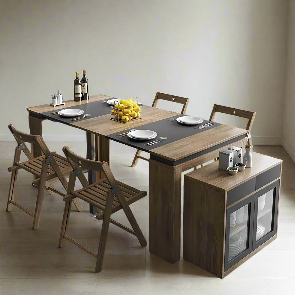 Dining table set with chairs and a sideboard in a modern kitchen, featuring the Rama Dymasty brand.