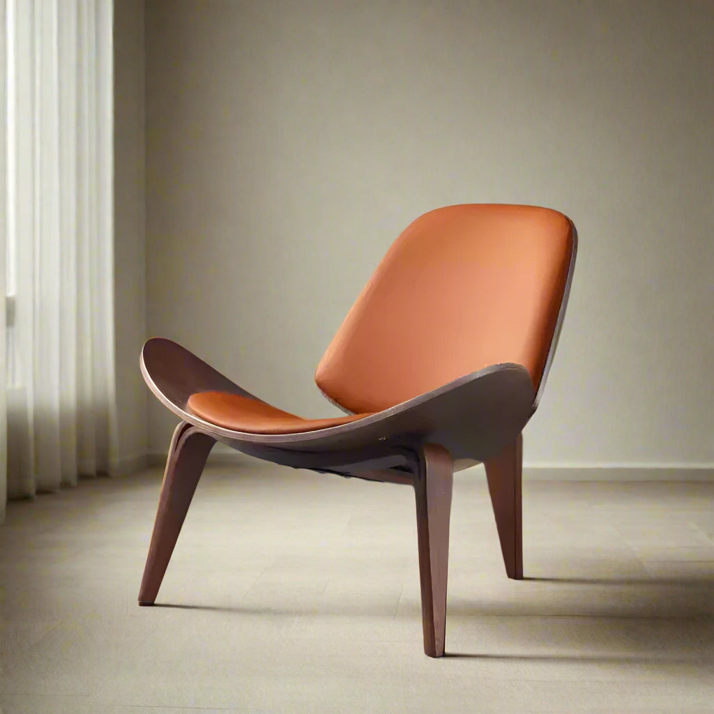 Wooden chair with orange cushion on a gray background, labeled 'walnut color'.