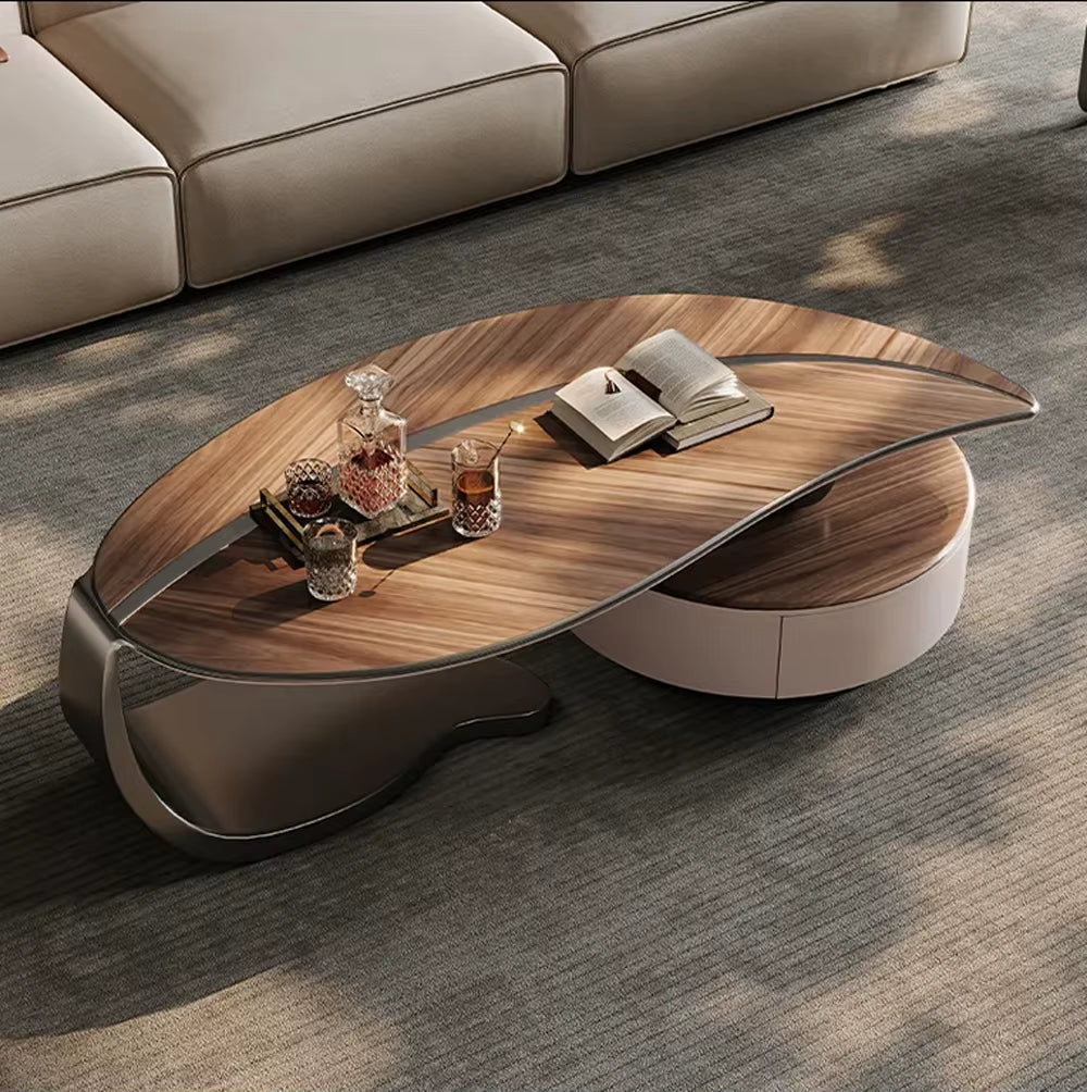 Luxury Modern Walnut Color Coffee Table Combination Minimalist Living Room Leaf Shape Stainless Steel Feet Coffee Table