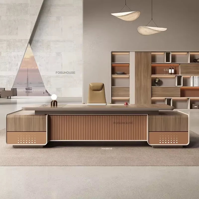 Light Luxury Wooden Office Desks European Office Furniture Commercial Boss Computer Desks President Table with Storage Cabinet L