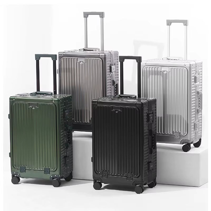 Front Open Lid Luggage Full Aluminum Magnesium Alloy Multifunctional with Cup Holder 20 Inch Boarding Case TSA Customs Lock USB