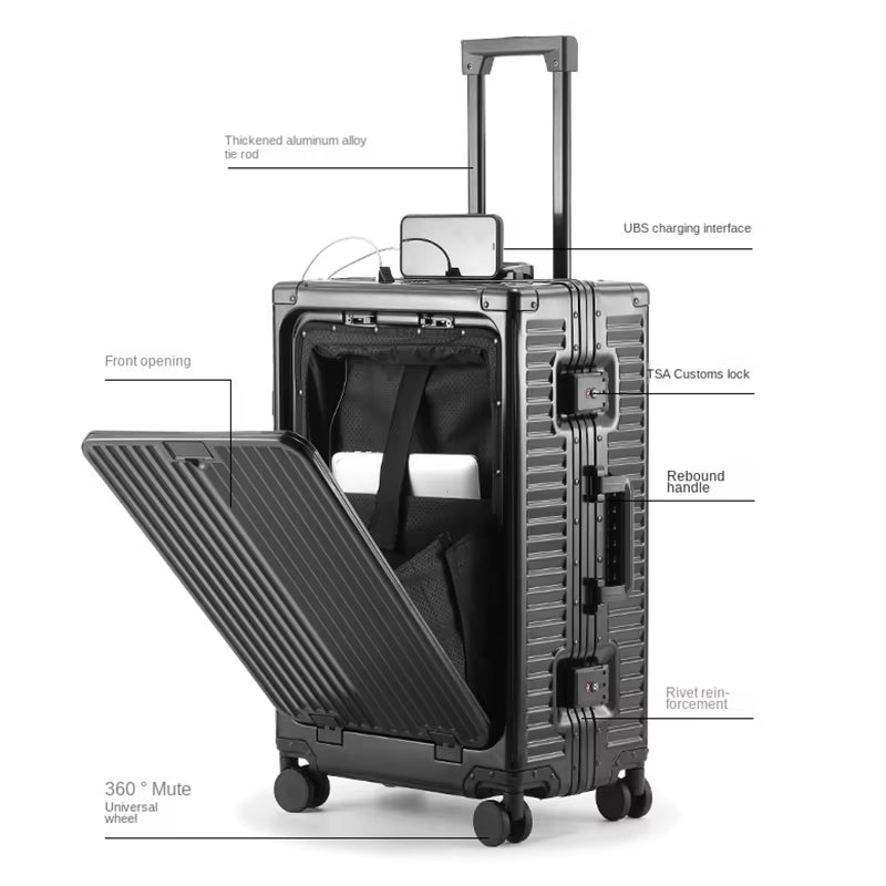 Front Open Lid Luggage Full Aluminum Magnesium Alloy Multifunctional with Cup Holder 20 Inch Boarding Case TSA Customs Lock USB