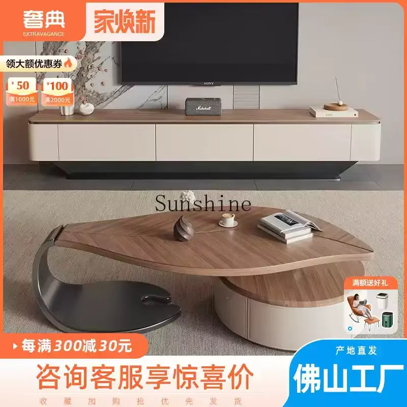 Medieval Style Solid Wood Leaf Coffee Table Household Living Room Modern Simple Creative TV Cabinet Combination