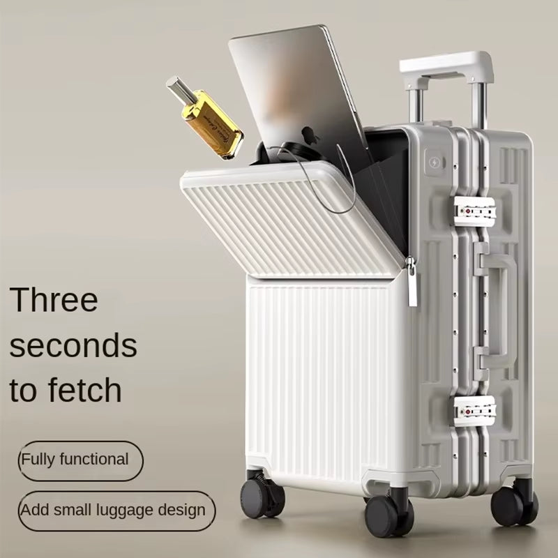 New Front Opening Luggage 24 Inch USB Multifunctional Suitcase 20“ Boarding Trolley Case 26 Inch Large Capacity with Cup Holder
