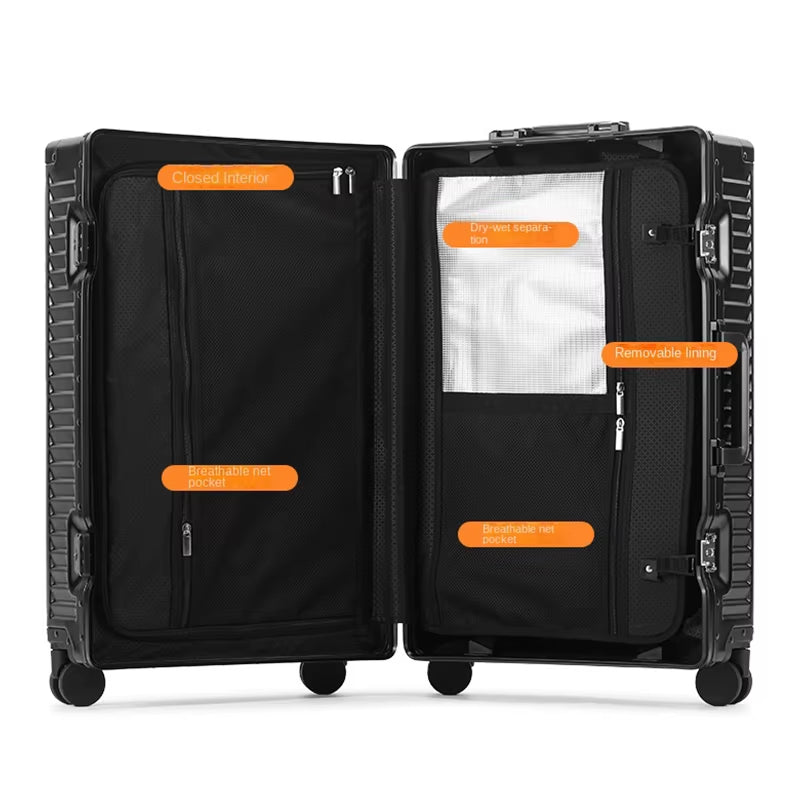 Front Open Lid Luggage Full Aluminum Magnesium Alloy Multifunctional with Cup Holder 20 Inch Boarding Case TSA Customs Lock USB