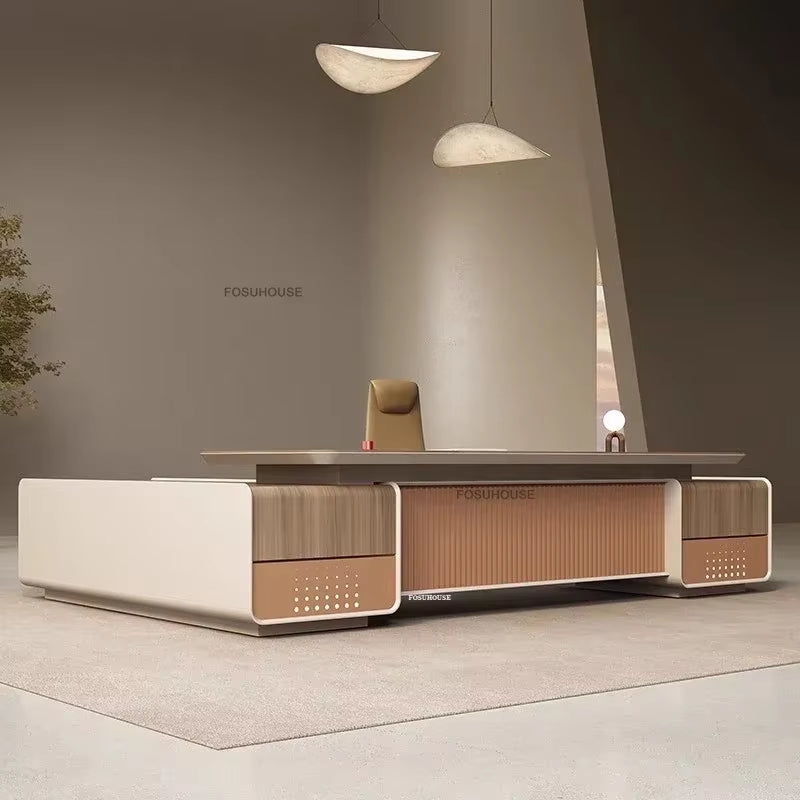 Light Luxury Wooden Office Desks European Office Furniture Commercial Boss Computer Desks President Table with Storage Cabinet L