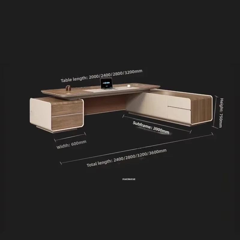 Light Luxury Wooden Office Desks European Office Furniture Commercial Boss Computer Desks President Table with Storage Cabinet L