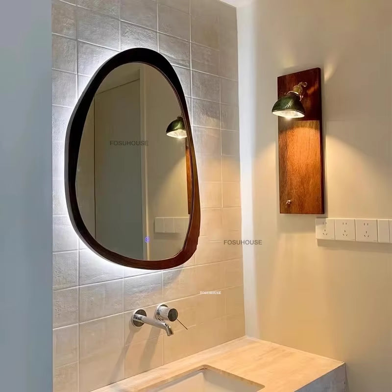 American Retro Smart Bath Mirrors Luxury Wall-Mounted Vanity Mirror Home Shaped Bathroom Mirror with LED Light Decorative Mirror