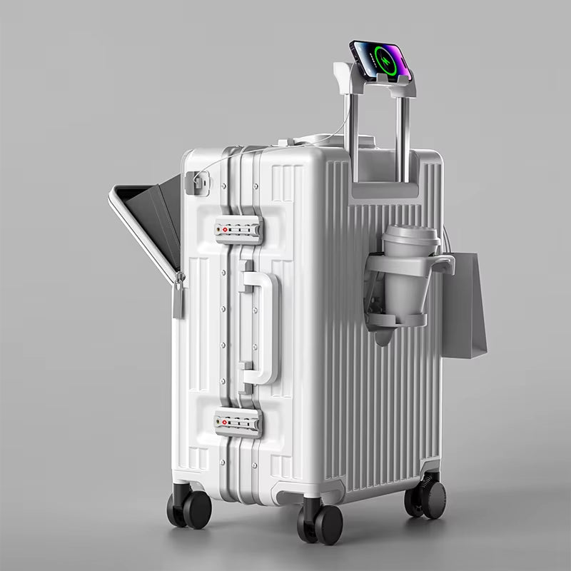 New Front Opening Luggage 24 Inch USB Multifunctional Suitcase 20“ Boarding Trolley Case 26 Inch Large Capacity with Cup Holder