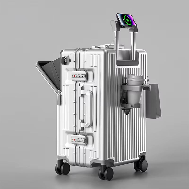 New Front Opening Luggage 24 Inch USB Multifunctional Suitcase 20“ Boarding Trolley Case 26 Inch Large Capacity with Cup Holder