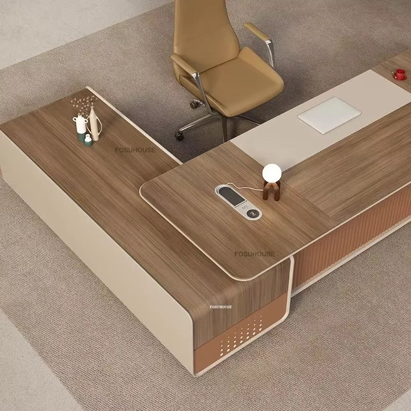 Light Luxury Wooden Office Desks European Office Furniture Commercial Boss Computer Desks President Table with Storage Cabinet L