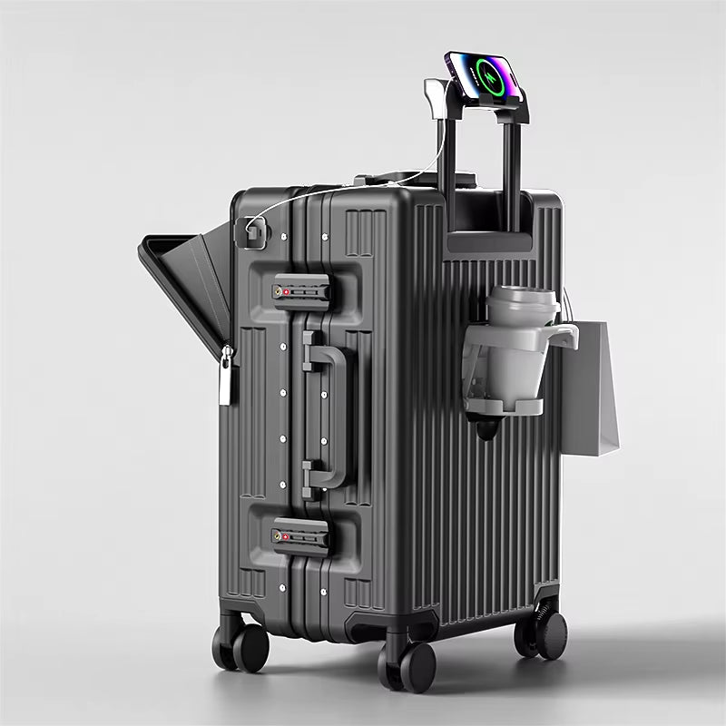 New Front Opening Luggage 24 Inch USB Multifunctional Suitcase 20“ Boarding Trolley Case 26 Inch Large Capacity with Cup Holder