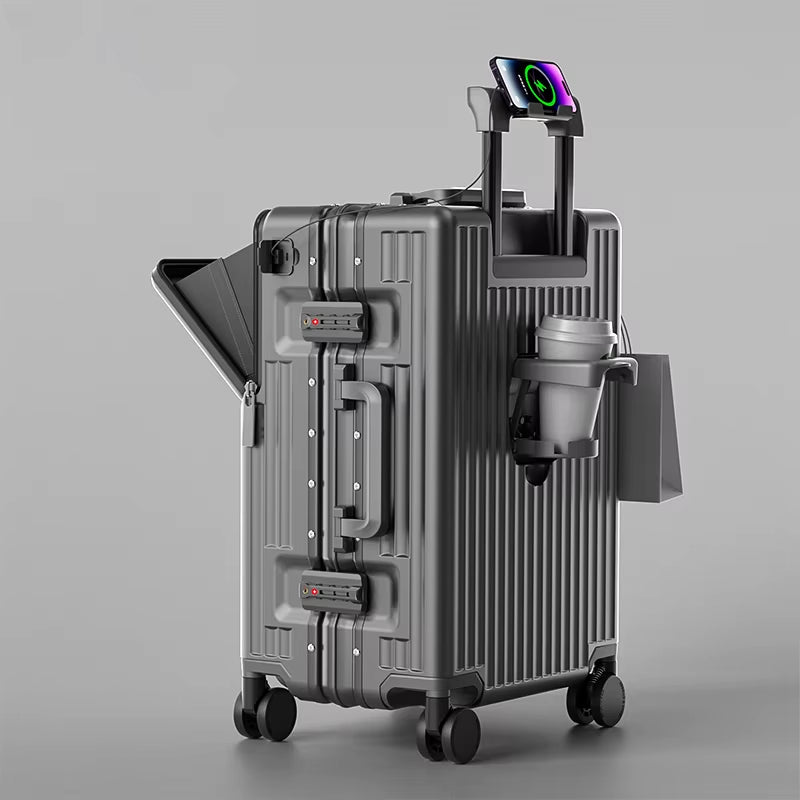 New Front Opening Luggage 24 Inch USB Multifunctional Suitcase 20“ Boarding Trolley Case 26 Inch Large Capacity with Cup Holder