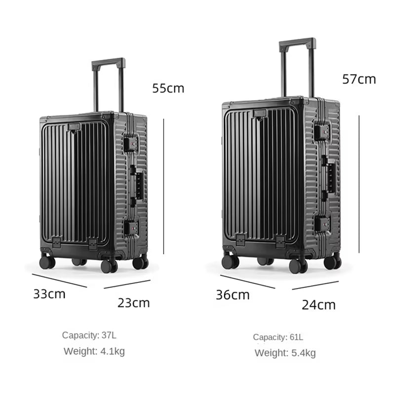 Front Open Lid Luggage Full Aluminum Magnesium Alloy Multifunctional with Cup Holder 20 Inch Boarding Case TSA Customs Lock USB