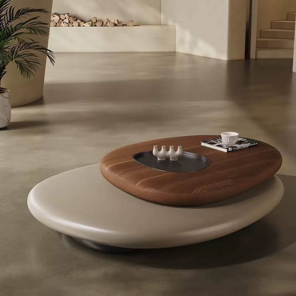 Turning Wood Coffee Table Rotating Pebble Shape Design Living Room Walnut Wooden Modern Tea Coffee Table