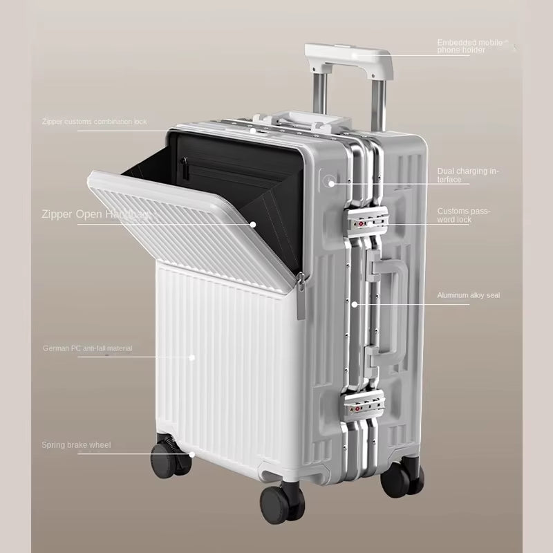 New Front Opening Luggage 24 Inch USB Multifunctional Suitcase 20“ Boarding Trolley Case 26 Inch Large Capacity with Cup Holder