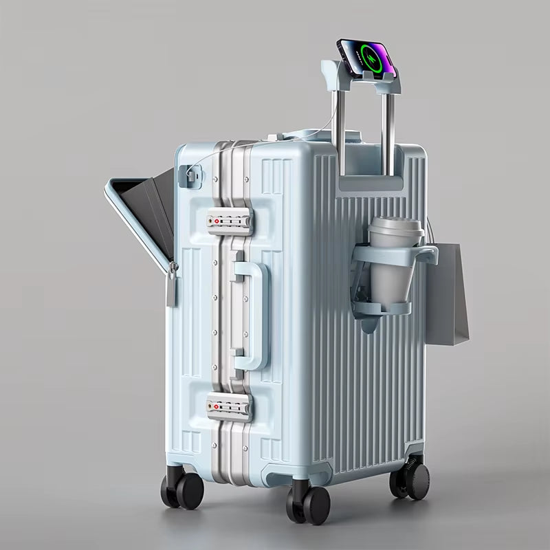 New Front Opening Luggage 24 Inch USB Multifunctional Suitcase 20“ Boarding Trolley Case 26 Inch Large Capacity with Cup Holder