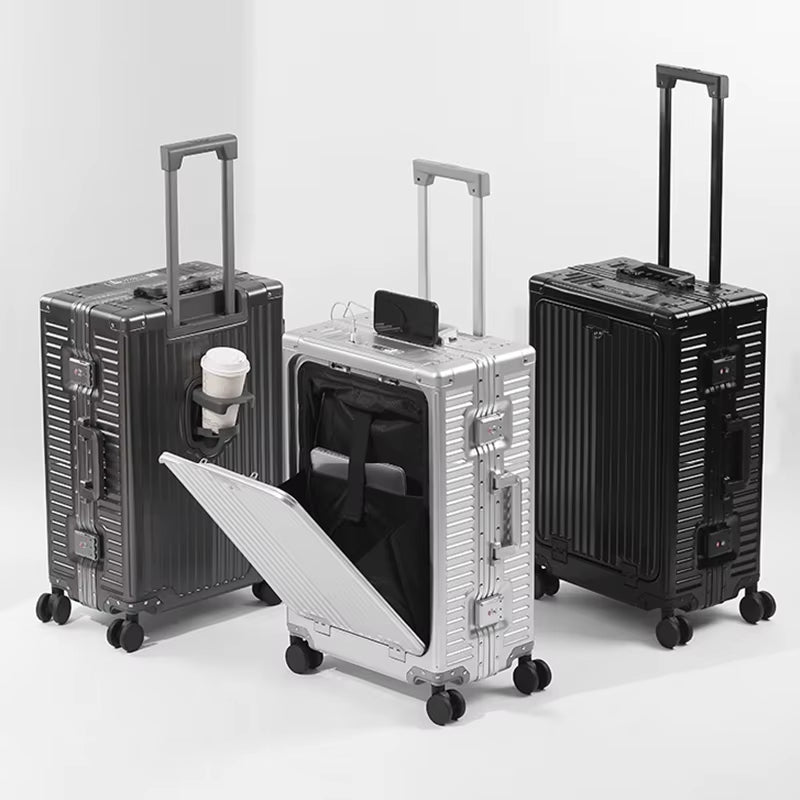 Front Open Lid Luggage Full Aluminum Magnesium Alloy Multifunctional with Cup Holder 20 Inch Boarding Case TSA Customs Lock USB
