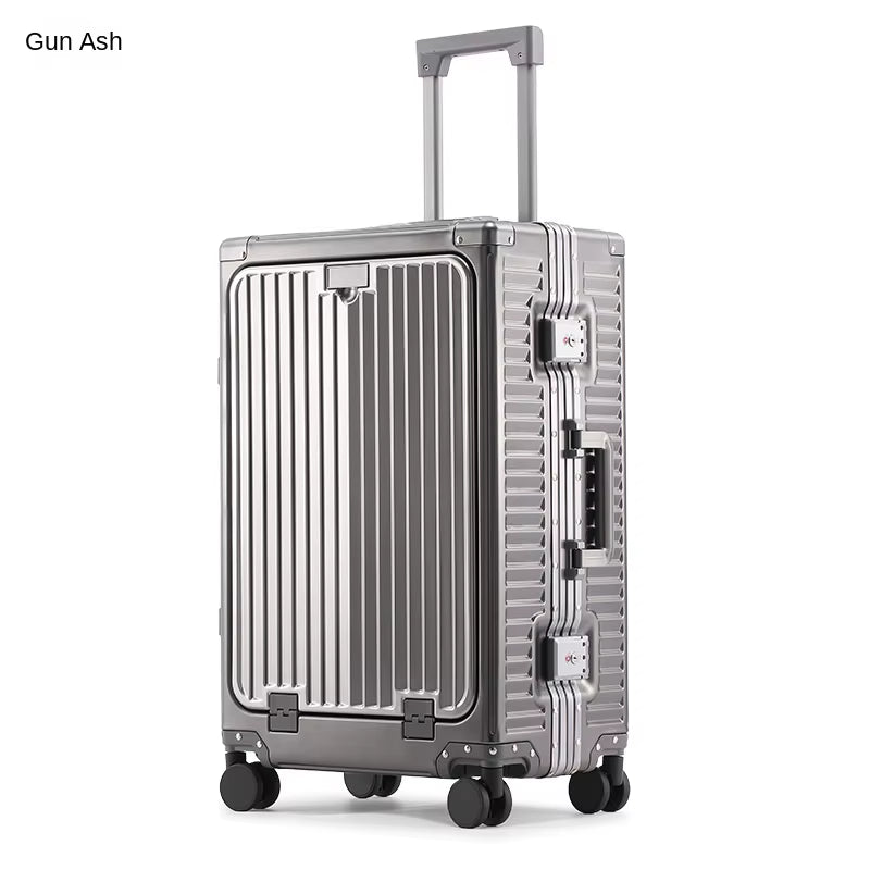 Front Open Lid Luggage Full Aluminum Magnesium Alloy Multifunctional with Cup Holder 20 Inch Boarding Case TSA Customs Lock USB